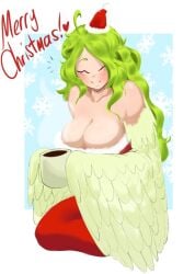 2d christmas christmas_headwear christmas_outfit closed_eyes closed_mouth coffee coffee_mug covered_nipples female female_only merry_christmas monet_(one_piece) one_piece smiling snowflake_background wyvernn