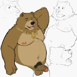 2023 anthro baby_bear balls bear black_nose brown_body erection genitals kyutka3 male mammal moobs multiple_poses navel nipples overweight overweight_male penis pose pubes puss_in_boots_(dreamworks) puss_in_boots_the_last_wish solo