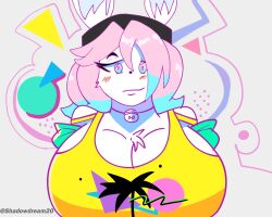 1boy artist_name big_breasts black_hat blue_eyes blue_hair breasts busty_boy cleavage fur furry gradient_eyes gradient_hair hat huge_breasts looking_at_viewer male male_only male_with_breasts peanut_butter_(theycallhimcake) pink_eyes pink_hair pov print_shirt rabbit rabbit_ears shadowdream20 smug solo_male upper_body watermark yellow_shirt