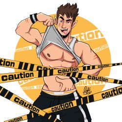 caution_tape male male_only muscles muscular muscular_male pietro_(velgaty) pointy_ears shirt_lift tongue_out twitter_user_oc velgaty