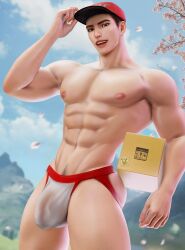 abs big_bulge bulge courier_(pokemon) huge_bulge jockstrap kodogasai looking_at_viewer male male_only muscles muscular muscular_male outdoors outside package pecs penis_outline pokemon pokemon_sv solo