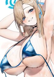 1girls areolae armpits arms_up asuna_(blue_archive) bikini_top blonde_hair blue_archive blue_eyes breasts cleaning_&_clearing_(blue_archive) female grin hair_over_one_eye halo hi_res huge_breasts large_areolae light-skinned_female light_skin long_hair millennium_science_school_student nipples poharo smile untied untied_bikini