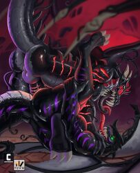 alrath dragon genital_piercing genitals glowing hi_res male male/male marvel nexus penetration piercing rough_sex rubber sex somnus(dragon) symbiote tendrils tongue venom venom_(marvel) wings