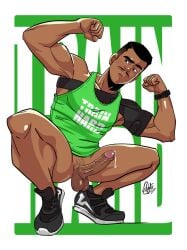 boner bottomless cocky dark-skinned_male dark_skin english_text erect_penis erection flexing hard_on lad male male_only melanin muscles muscular muscular_male precum precum_drip spread_legs squatting uncut veiny_penis velgaty