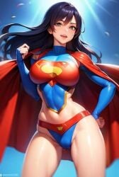 1girls ai_generated big_breasts black_hair breasts cape clara_kent curvy curvy_female curvy_figure dc female female_only kryptonian light-skinned_female rule_63 solo straight_hair superheroine superman_(series) superwoman thighs wide_hips