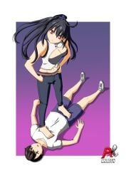 1boy 1girls arifureta_shokugyou_de_sekai_saikyou arlioth barefoot denki_anma dominant dominant_female domination femdom foot_fetish footjob footjob_over_clothes gradient_background gym_uniform nagumo_hajime on_back purple_background standing standing_footjob standing_on_another standing_on_person stepped_on stepping_on_penis submissive submissive_male trample trampling white_background yaegashi_shizuku