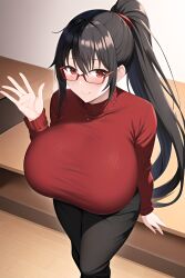 ai_generated big_breasts black_hair black_pants chloe_(jinnsart) chloe_barnes fully_clothed glasses ponytail red_sweater