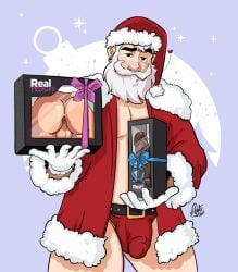 ass balls butt christmas dildo fleshlight gift hole_(anatomy) male male_only muscles muscular muscular_male open_coat penis_outline presents santa_claus santa_hat sex_toy testicles velgaty