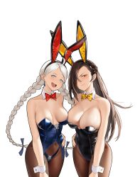 2girls absurdres ahoge alternate_costume animal_ears bangs bare_shoulders black_pantyhose blue_eyes blue_panties bow bowtie braid breast_press breasts brown_eyes brown_hair bunny_ears bunny_girl bunnysuit chinese_zodiac commission crystal_earrings detached_collar earrings female female_only fire_emblem fire_emblem_fates hair_over_one_eye highres jewelry kagero_(fire_emblem) lace-trimmed_panties lace_trim large_breasts long_hair low_twin_braids medium_breasts multiple_girls nina_(fire_emblem) nintendo non-web_source open_mouth panties pantyhose parted_bangs playboy_bunny rabbit_ears red_bow red_bowtie revealing_clothes shizuko_hideyoshi teeth twin_braids underwear upper_teeth_only white_background white_hair wrist_cuffs year_of_the_rabbit yellow_bow yellow_bowtie