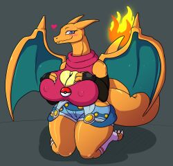 2d anthro_only azureinthedark bare_shoulders blue_eyes blush charizard cleavage cleavage_cutout clothing dragon dragon_girl elbow_gloves female female_focus female_only gloves gray_background heart horns nipple nipple_bulge pokémon_(species) pokeball pokemon pokemon_(species) short_shorts smile sweater tail thick_thighs turtleneck wings