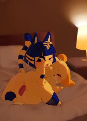 1mu1 animal_crossing ankha ankha_(animal_crossing) anthro anus ass bed big_breasts blush breasts canid canine canis dildo dildo_in_pussy dildo_insertion domestic_cat domestic_dog duo featureless_feet felid feline felis female female/female frown furniture hi_res huge_breasts isabelle_(animal_crossing) lying mammal nintendo nude on_back on_bed open_mouth penetration rear_view sex_toy sex_toy_in_pussy sex_toy_insertion squish thigh_squish vaginal_penetration