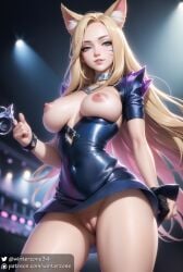 1girls ahri ai_generated big_breasts blonde_hair blue_eyes breast_outside breasts concert fox_ears from_below k/da_ahri k/da_series league_of_legends lifted_skirt looking_at_viewer neon_lights nipples no_bra no_panties outfit pussy smile stage_lights thick_thighs winterzone