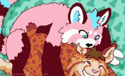 2021 ailurid anthro azurel_husky duo ear_nibble felid feline feral from_behind_position green_background kotakat lynx male mammal misterkittens mounting pink_body red_panda sex simple_background smile