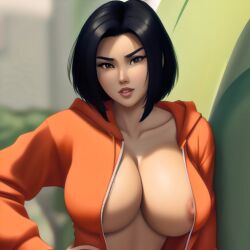 aged_up ai_generated artist_request asian_female big_breasts breasts jackie_chan_adventures jade_chan looking_at_viewer orange_hoodie