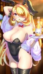 1girls alcohol anisdrawn black_leotard blonde_hair bowtie breasts bunny_ears bunny_tail condom covered_navel cuff_links cynthia_(pokemon) detached_collar fake_animal_ears fake_tail feather_boa hair_ornament hair_over_one_eye hairtie hairtie_in_mouth highleg highleg_leotard holding_tray large_breasts leotard looking_at_viewer nintendo playboy_bunny pokemon pokemon_dppt ponytail strapless strapless_leotard thighhighs tray waitress wine_glass yellow_eyes