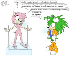 1boy 1girls amy_rose anthro bottomless bottomless_male breasts clothed_male_nude_female completely_nude duo english_text erect_penis erection exposed_penis femsub freezing frown green_fur hedgehog_humanoid ice ice_torture icicle jacket kirapac maledom manic_the_hedgehog medium_breasts naked_female nipples partially_clothed_male penis pink_fur pussy restrained shirt shoes sonic_(series) sonic_underground torture