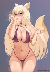 animal_ears areola_slip bangs bell bikini blonde_hair blue_eyes blush breasts cat_ears cat_girl cat_tail choker coconut_(sayori) cowboy_shot cum cum_on_hands female grey_background heterochromia highres hioyami large_breasts long_hair looking_at_viewer navel neck_bell nekopara purple_bikini purple_choker simple_background slit_pupils solo stomach swimsuit tail thigh_gap thighs tongue tongue_out yellow_eyes