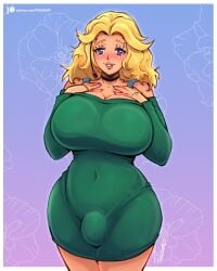 1futa big_breasts big_penis blonde_hair breasts bulge clothed clothing flaccid fully_clothed futa_only futanari human large_breasts light-skinned_futanari light_skin long_hair looking_at_viewer penis pururart solo standing thick_thighs wide_hips