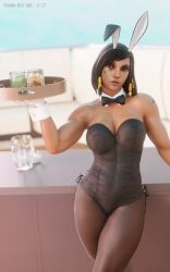 2023 3d abs animal_ears bare_shoulders black_eyes black_hair blender bowtie bunny_club bunny_ears bunny_girl bunnysuit clothing dark-skinned_female dark_skin egyptian female hair_decorations high_resolution holding_object holding_tray looking_at_viewer muscle muscular_female overwatch pharah pharah-best-girl self_upload solo tomboy tray waitress