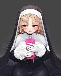 artificial_vagina bangs black_dress blonde_hair blush breasts brown_eyes brown_hair capelet commentary_request dress female festa11307070 frilled_gloves frills full-length_zipper gloves grey_background habit high_collar holding large_breasts light_brown_hair long_dress long_hair long_sleeves looking_to_the_side nijisanji nun open_mouth sex_toy signature simple_background sister_cleaire smile solo straight_hair virtual_youtuber white_capelet white_gloves yellow_eyes zipper zipper_dress