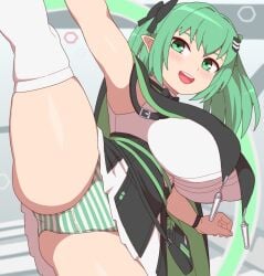 1girls arm_up armpits ass bangs bare_shoulders black_skirt blush bow breasts clothed einkk female female_only goddess_of_victory:_nikke green_eyes green_hair green_panties hair_ornament huge_breasts kabeume legwear light-skinned_female light_skin long_hair one_leg_up open_mouth panties pointy_ears sidelocks sleeveless smile solo straps striped_panties teeth thighhighs thighs twintails white_legwear white_shirt