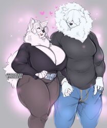 anthro big_breasts breasts canine cleavage clothed clothing cumu duo female furry glasses hair_over_eyes heart male princesssamoyed tagme