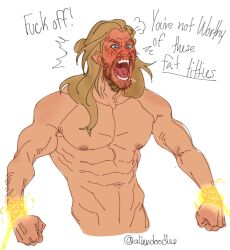 1boy abs aggression aggressive aliensdoodles angry_expression angry_eyes angry_face arm_hair artist_name artist_signature asgardian bara beard blond_hair blonde blonde_hair blonde_hair_male blue_eyes blushing bread chained_wrists facial_hair hair_bun human human_only light-skinned_male light_skin long_hair_male male male_nipples male_only man_boobs man_tits manly marvel marvel_cinematic_universe mature_male muscular_male mustache pecs porn_meme red_face restrained thor:_love_and_thunder thor_(marvel) thor_(series) tomato_face topless twitter yelling you_flicked_too_hard_dammit