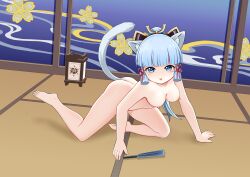 1girls ass blue_eyes blue_hair cat_ears cat_tail crawling genshin_impact kamisato_ayaka looking_at_viewer naked nekomimi the_hermit tongue_out