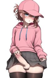 1boy ai_generated baseball_cap black_thighhighs blue_eyes blush brown_hair embarrassed femboy futanari novelai penis pink_baseball_cap pink_hat pink_hoodie shadow sidelocks skirt skirt_lift sleeves_past_wrists sweatdrop testicles thick_thighs thighhighs trap wide_hips