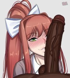 1boy 1girls commission dark-skinned_male dark_skin doki_doki_literature_club faceless_male female female_focus green_eyes huge_cock imminent_oral imminent_sex interracial kneeling light-skinned_female light_skin long_hair looking_at_viewer male male_pov melondraws monika_(doki_doki_literature_club) penis penis_in_front_of_face penis_on_face pov pov_eye_contact red_hair school_uniform schoolgirl uncensored