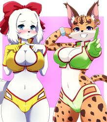 2girls alluring anthro big_breasts blue_eyes canine cleavage cosplay dirty_pair_(cosplay) fay_spaniel female_only lynx miyu_lynx nintendo short_shorts sports_bra star_fox star_fox_2 tagme zekky_monz zekky_mzn