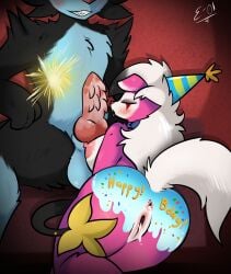 anthro areola balls birthday black_body black_fur blush bodily_fluids breasts canid canine clothing cum digital_media_(artwork) duo e-01 english_text erection felid female fur generation_4_pokemon generation_7_pokemon genital_fluids genitals hair hat headgear headwear hi_res knot lone_(lonewolffl) luxray lycanroc maggy_(lycan) male mammal midnight_lycanroc multicolored_body nintendo nipples nude oral party_hat penile penile_spines penis pink_body pokemon pokemon_(species) pussy sex simple_background smile text tongue white_body white_fur