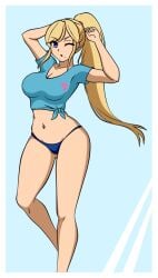 arms_up bikini female mcarthur1010 metroid no_pants pantsu samus_aran solo t-shirt tagme wink