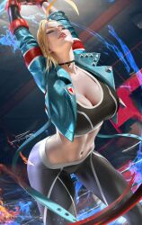 1girls ahoge artist_signature blonde_hair blue_eyes breasts cammy_stretch cammy_white capcom cleavage female female_only fit fit_female fully_clothed hips huge_breasts large_breasts slim_waist solo street_fighter street_fighter_6 stretching thick_thighs thighs watermark wide_hips zumi