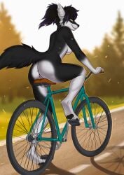 2023 anthro anus areola ass bicycle biped black_body black_fur black_hair black_nose black_pawpads blurred_background breasts canid canine cheek_tuft clothing completely_nude completely_nude_female countershade_butt countershade_face countershade_fur countershade_torso countershading digital_media_(artwork) facial_tuft female fur genitals hair hi_res hindpaw mammal multicolored_hair nipple_piercing nipples novery outside pawpads paws piercing pink_areola pink_nipples ponytail purple_hair pussy rear_view riding_bike road shaded shadow solo tail tamaska topwear tuft two_tone_hair white_body white_fur yellow_eyes