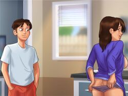 1boy 1girls 2d after_sex after_vaginal anus anus_peek ass big_ass big_breasts bottomwear breasts breasts_out brown_hair clothed clothing coffee coffee_cup coffee_mug darkcookie debbie_(summertime_saga) digital_drawing_(artwork) digital_media_(artwork) duo female kitchen light-skinned_female light-skinned_male light_skin long_hair looking_at_partner looking_back main_character_(summertime_saga) male male/female milf panties panties_around_legs panties_down panties_pull pants pussy pussy_lips reading room shirt shorts sideboob smile smiling standing summertime_saga thick_ass thick_thighs topwear underwear vagina