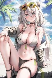 1girls 2023 :o ahoge animal_ears bikini black_choker blue_sky breasts choker cleavage cloud day eyewear_on_head female grey_bikini grey_eyes hair_between_eyes halterneck high_heels highres hololive hololive_gen_5 hololive_japan kubota_masaki large_breasts lion_ears lion_girl long_hair looking_at_viewer low_twintails navel outdoors shishiro_botan side-tie_bikini_bottom sideboob sitting sky solo stomach string_bikini sunglasses swimsuit thigh_strap thighs twintails virtual_youtuber white_hair