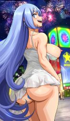 anal anal_object_insertion ass ass_focus blue_eyes blue_hair blush breasts breasts_out buttplug clothes_lift dress dress_lift earrings exhibitionism eyeliner eyeshadow female fireworks happy_new_year highres hoop_earrings jewel_buttplug jewelry krabby_(artist) krabby_(monttierro) large_breasts long_hair looking_at_viewer looking_back makeup my_hero_academia nejire_hado new_year night night_sky nipples no_bra no_panties object_insertion outdoors public_indecency sex_toy sideways_mouth sky star_(sky) starry_sky white_dress