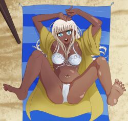 1girls alternate_version_available beach bikini brown_skin danganronpa danganronpa_v3 danganronpa_v3:_killing_harmony dark-skinned_female deathskeleton female_only happy sand spread_legs straight_hair tanline yonaga_angie