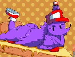 1girls anthro ass big_ass big_breasts big_butt breast_press breasts clothing eyelashes female footwear fur furry hair hat headgear headwear hi_res long_hair lying lying_on_stomach mammal on_stomach pizza pizza_tower pomm_romm porcupine purple_fur purple_hair red_cap rodent rule_63 shoes snick.exe snick_the_porcupine solo thick_thighs