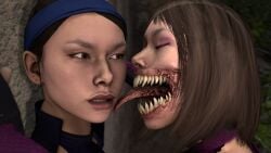 2girls 3d 3d_(artwork) domination eldaze femdom kitana kiteena licking licking_face mileena monster_girl mortal_kombat mortal_kombat_11 sisters teeth tongue tongue_out video_games wall