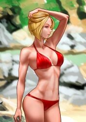 1girls bikini blonde_hair blue_eyes blue_mary breasts closed_mouth commentary_request fatal_fury hand_in_own_hair highres king_of_fighters medium_breasts midriff navel red_bikini ryohhe short_hair snk solo swimsuit