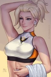 2018 angela_ziegler arm_up armpit_peek artist_name bare_arms bare_shoulders blonde_hair blue_eyes bra breasts closed_mouth commentary covered_collarbone digital_media_player earphones english_commentary female fingernails hair_pulled_back halterneck hand_in_own_hair high_ponytail highres holding lips looking_away makeup mascara medium_breasts mercy navel nose overwatch ponytail realistic sciamano240 shade short_hair signature simple_background smile solo sports_bra taut_clothes towel underwear upper_body white_bra white_towel yellow_background