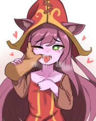 <3 1girls absurd_res animal_ears breasts cheonnop_(artist) disembodied_hand dripping female finger_in_mouth green_eyes heart hearts highres league_of_legends long_hair lulu_the_fae_sorceress mouth_hold one_eye_closed open_mouth pink_hair purple_hair purple_skin riot_games saliva saliva_trail small_breasts tears teasing teeth tongue tongue_out very_long_hair witch_hat yordle