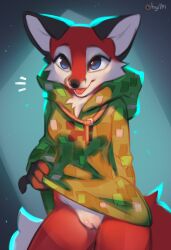 2023 anthro artist_name black_nose blep blue_eyes bottomless breasts canid canine clothed clothing digital_media_(artwork) female fox fur genitals hi_res hoodie hyilpi light lighting mammal microsoft minecraft mojang pussy red_body red_fox red_fur simple_background solo tongue tongue_out topwear vixy_(hyilpi) xbox_game_studios