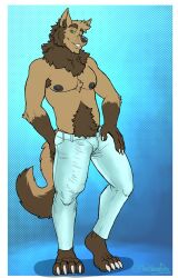 anthro big_bulge black_nipples black_nose body_hair bottomwear brown_body brown_fur bulge canid canine canis clothing denim denim_clothing domestic_dog erection_under_clothes flit fur green_eyes happy_trail hi_res huge_bulge hyper hyper_bulge jeans looking_at_viewer male mammal mane multicolored_body multicolored_fur nipples pants penis_outline smile solo standing theneonfox two_tone_body two_tone_fur