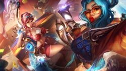 alternate_breast_size ashe_(league_of_legends) blue_hair glasses glasses_on_head large_breasts league_of_legends ocean_song_ashe ocean_song_zeri official_artwork_edit open_toe_shoes phone phone_screen pink_hair pool_party_series pursed_lips riot_games selfie sutton184_edits thick_lips thick_thighs third-party_edit wide_hips zeri_(league_of_legends)