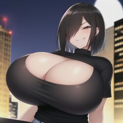 1girls ai_generated black_hair black_t-shirt city ember_blaine_(oc) gigantic_breasts hair_over_one_eye night original_character short_hair smirk stable_diffusion t-shirt undershirt