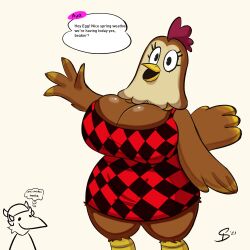 animal_crossing ava_(animal_crossing) avian big_breasts breasts chicken cleavage english_text female nintendo pac-man_eyes speech_bubble squealydealy thick_thighs video_games wide_hips