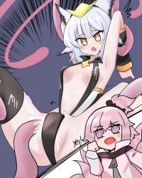 2girls arknights armpits arms_behind_back arms_up bare_arms bare_shoulders bare_thighs belly breasts closed_mouth cum cum_in_pussy cum_inside cum_on_body cum_on_breasts embarrassed excited hair hair_ornament highres hiyamastar jacket kirara_(arknights) legs_apart legs_spread lifted midriff multiple_girls orange_eyes pink_eyes pink_hair ptilopsis_(arknights) short_hair spread_legs tagme tentacle thighhighs thighs white_hair